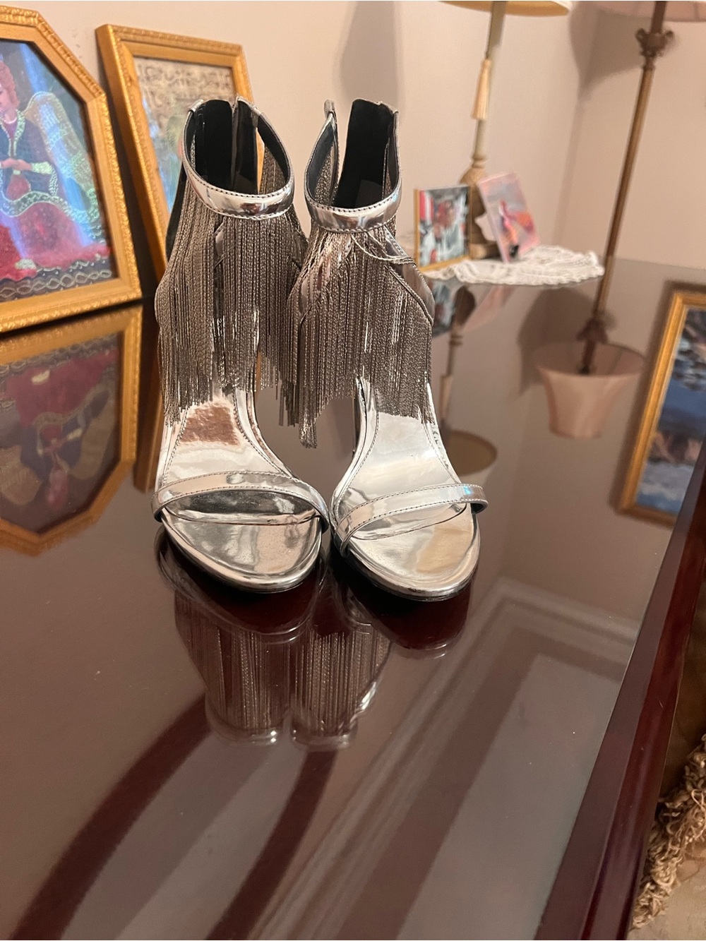 Brian Atwood Silver Fringe Ankle-Strap Heels